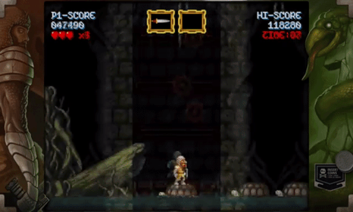 Cursed Castilla river stage Cursed Castilla arcade retro game, Don Ramiro is crossing the bloody river and jumping on the turtles to sort the dangers