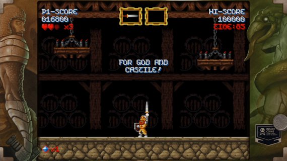 Cursed Castilla arcade retro game, Don Ramiro is wielding his shield and sword, unleashing his battlecry when the stage has been finished