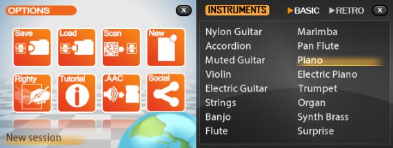 Musicverse: Electronic Keyboard options and the basic instruments menu, where you can choose among a wide variety of classic instruments