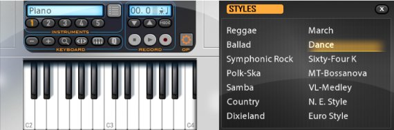 Musicverse electronic keyboard, piano keyboard and the styles menu