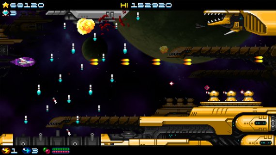 Super Hydorah rockets Super Hydorah, pilot shooting at a great yellow ship. invincibility activated