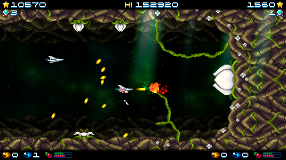 Super Hydorah Flower enemy Super Hydorah coop mode facing a plant enemy, shooting at a white flower and its vines and roots