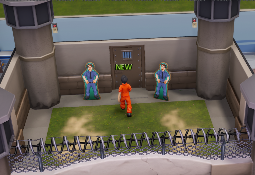 New prisoner walking to the entrance facing two cardboard guards